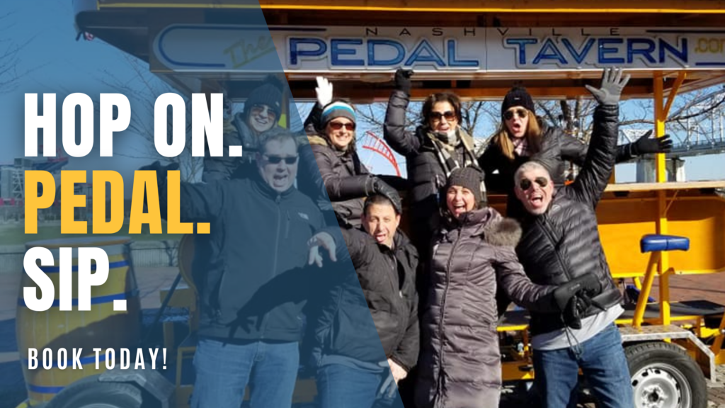 group of people having fun during the winter on a nashville pedal tavern tour