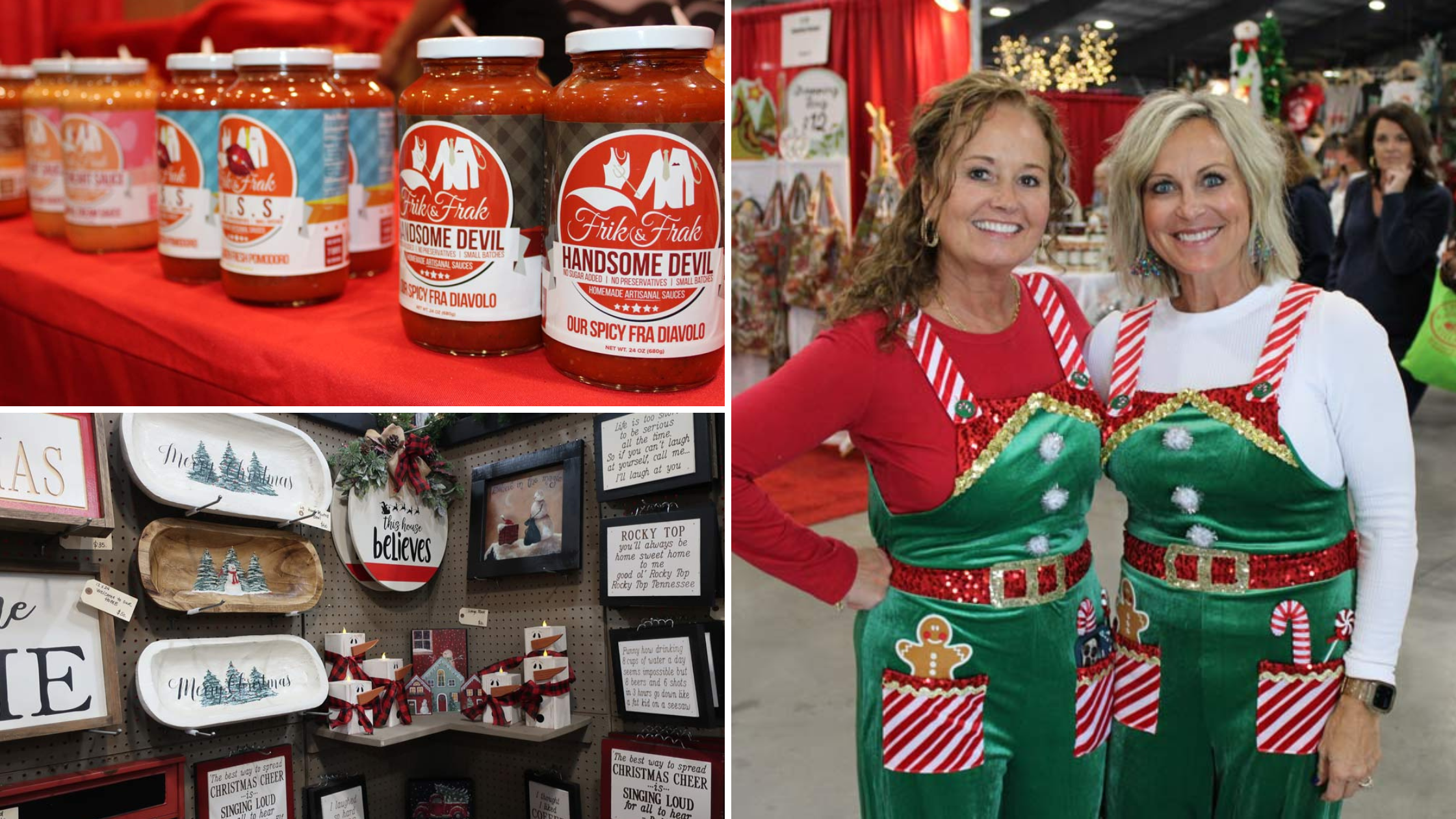 collage of images from nashvilles christmas village including two women wearing festive overalls, jars of locally made sauces, and christmas decor